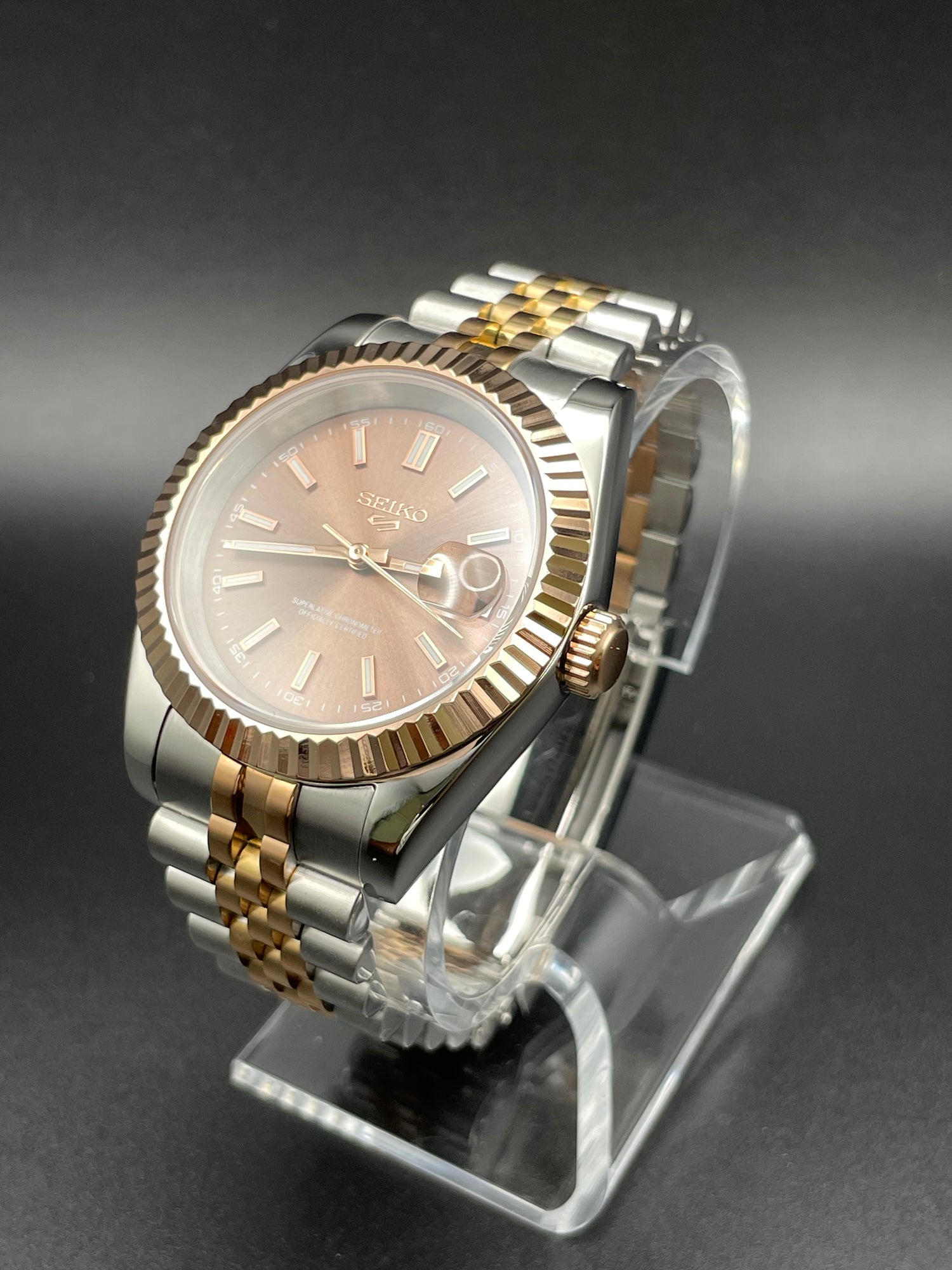 SEIKOJUST ROSE GOLD TWO TONE BROWN STICK