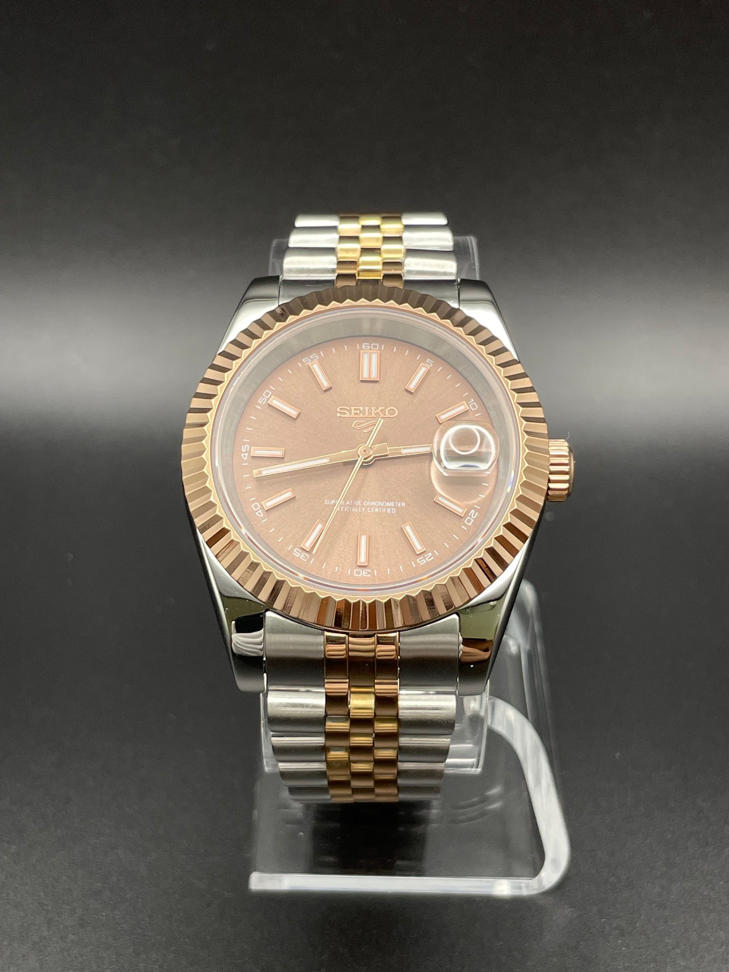 SEIKOJUST ROSE GOLD TWO TONE BROWN STICK